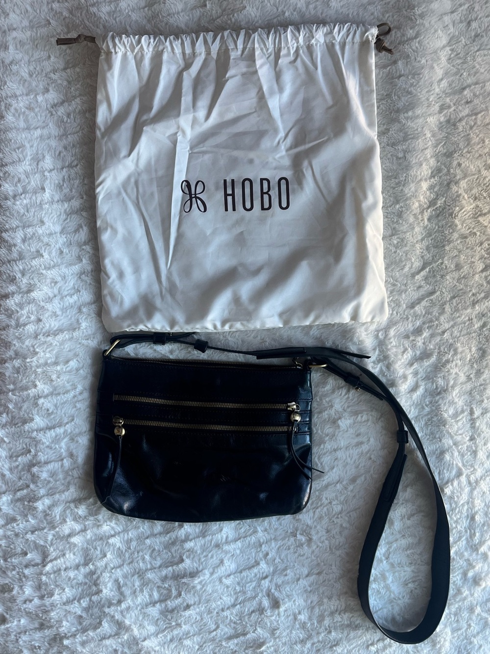 HOBO Black Leather Crossbody with Dual Zip Front Pockets